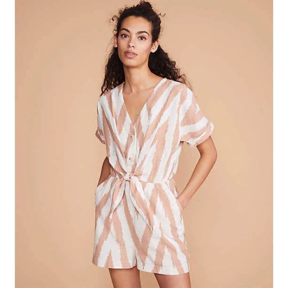 Lou and Grey for Loft Brown Sugar Cream Ikat Self Tie Romper Womens Size XL
